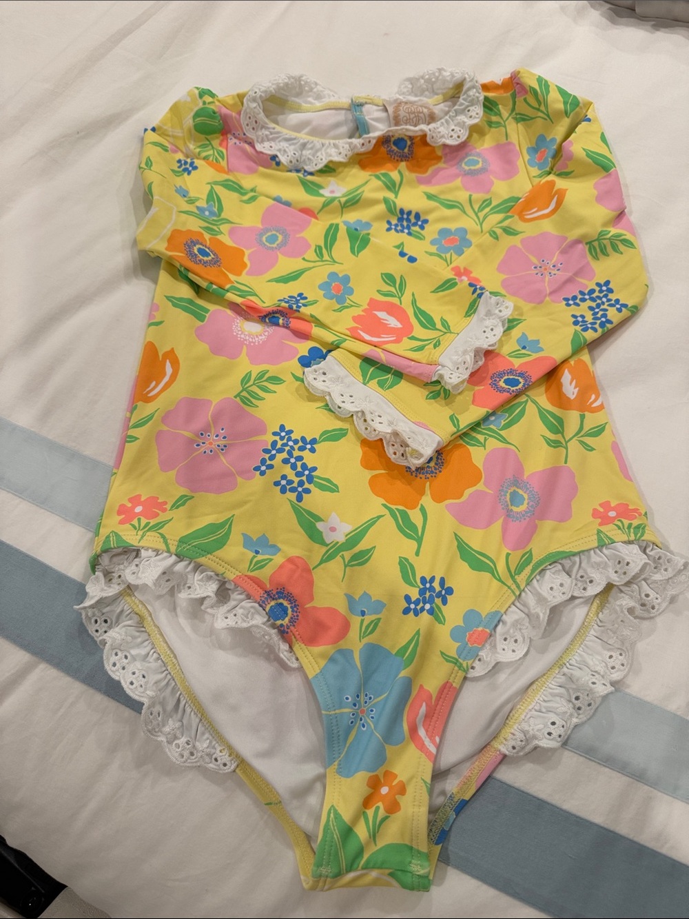 The Beaufort Bonnet Company Yellow One-Piece long sleeve swimsuit with lace